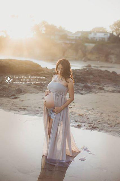 Kaleigh Gown • Sheer Chiffon Maxi Style Maternity Gown • Straight Top Bridesmaid Gown • Strapless Flowy Gown by Sew Trendy