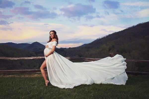 Cameron Gown • Off the Shoulder Gown • Cap Sleeve Pregnancy Dress • Sheer Chiffon Maternity Gown • by Sew Trendy