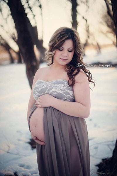 Mckenna Gown • Lace Sweetheart Top Sheer Chiffon Maxi Style Maternity Gown • by Sew Trendy