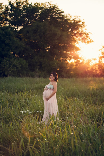 Floral Kaleigh Gown • Mint Floral Maternity Gown • Sheer Chiffon Maxi Style Maternity Gown • Straight Top Bridesmaid Gown • Strapless Flowy Gown by Sew Trendy
