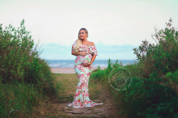 Floral Colbie Gown • Floral Maternity Gown • Fitted Maternity Gown • Ruffle Top Maternity Gown • Off Shoulder Maternity Gown • Slim Fit Gown • Bridesmaid Dress • Event Gown • Photo Shoot • by Sew Trendy