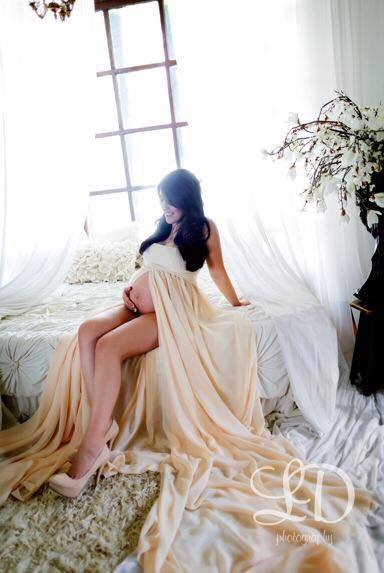 SALE • Peachy Natural Marissa Gown • Long Flowing Sheer Chiffon Straight Top Maternity Gown • by Sew Trendy