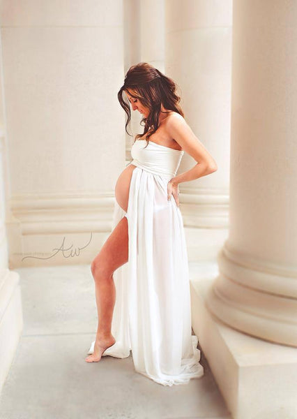 Kaleigh Gown • Sheer Chiffon Maxi Style Maternity Gown • Straight Top Bridesmaid Gown • Strapless Flowy Gown by Sew Trendy