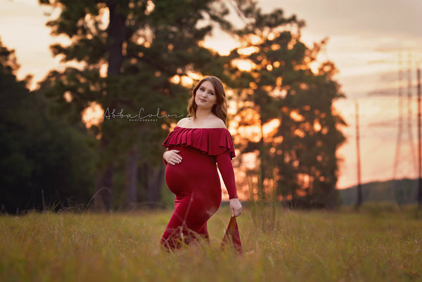 Crisanta Gown • Fitted Maternity Gown • Ruffle Top Maternity Gown • Off Shoulder Maternity Gown • Long sleeve maternity gown • Bridesmaid Dress • fitted maternity gown • Photo Shoot • by Sew Trendy
