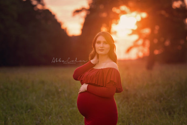 Crisanta Gown • Fitted Maternity Gown • Ruffle Top Maternity Gown • Off Shoulder Maternity Gown • Long sleeve maternity gown • Bridesmaid Dress • fitted maternity gown • Photo Shoot • by Sew Trendy