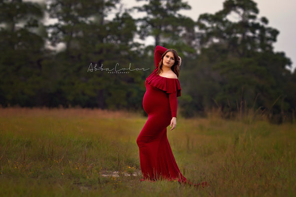 Crisanta Gown • Fitted Maternity Gown • Ruffle Top Maternity Gown • Off Shoulder Maternity Gown • Long sleeve maternity gown • Bridesmaid Dress • fitted maternity gown • Photo Shoot • by Sew Trendy