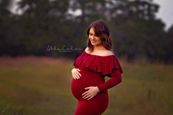 Crisanta Gown • Fitted Maternity Gown • Ruffle Top Maternity Gown • Off Shoulder Maternity Gown • Long sleeve maternity gown • Bridesmaid Dress • fitted maternity gown • Photo Shoot • by Sew Trendy