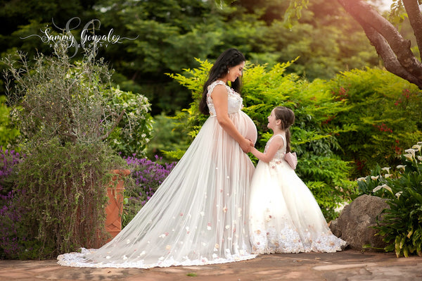 Dahlia Gown • Couture Bridal Mesh Gown • Hand Embroidered Maternity Gown • Maternity Dress • Pregnancy Gown • Bridesmaid Dress • Senior Photos • Photo Shoot • Boho Dress | by Sew Trendy