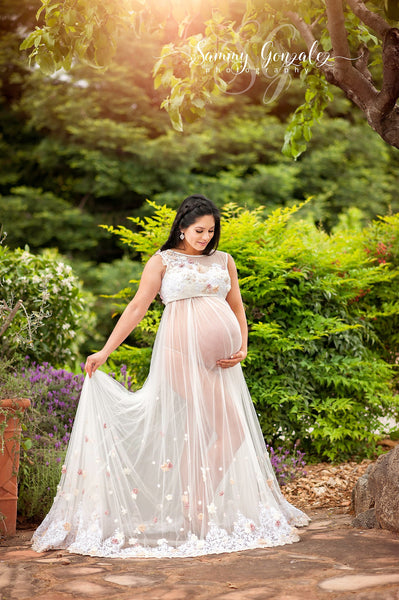 Dahlia Gown • Couture Bridal Mesh Gown • Hand Embroidered Maternity Gown • Maternity Dress • Pregnancy Gown • Bridesmaid Dress • Senior Photos • Photo Shoot • Boho Dress | by Sew Trendy