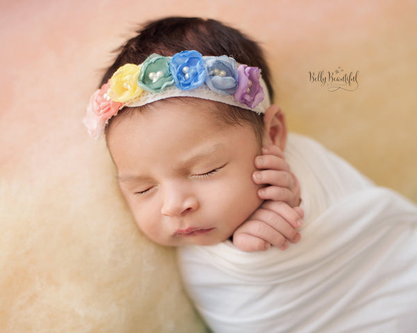 Rainee Floral Newborn Tieback {pastel tones} • Rainbow Baby Line • Newborn Rainbow Floral Crown • Hope Floral Crown • Bohemian Crown • Rainbow Baby Crown | READY TO SHIP • by Sew Trendy