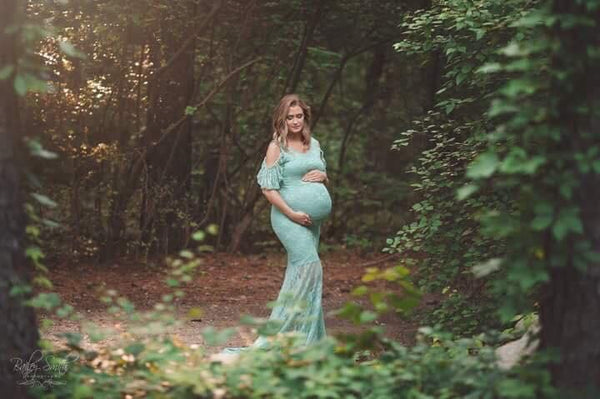 Deloris Gown • Peekaboo Shoulder Gown • Lace Slim Fit Maternity Gown • Lace Maternity Gown • by Sew Trendy