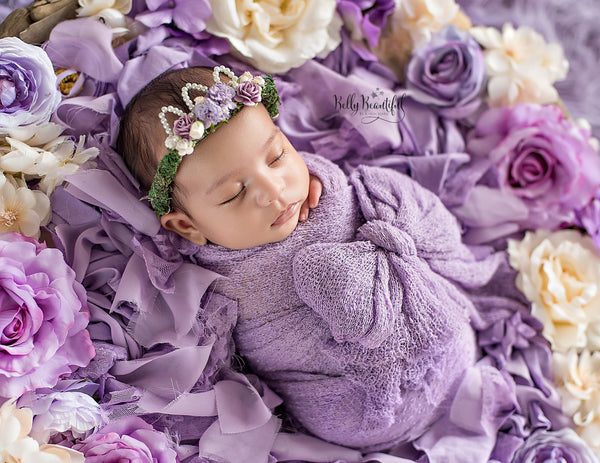 Mini Ingrid Newborn Floral Crown in Purple • Princess Floral Crown • Paper Organic Floral Crown • Bohemian Crown • Moss Grapevine Crown • Pearls | Ready To Ship • by Sew Trendy
