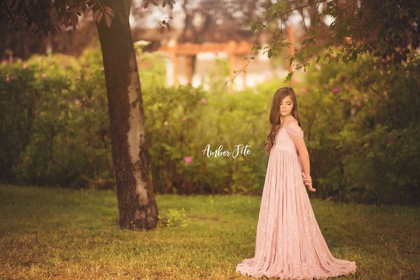 Beatrice Gown • Droop Sleeve Lace Girls Gown • Full Circle Skirt Girls Dress • Accent Ruffle Gown • by Sew Trendy • by Sew Trendy