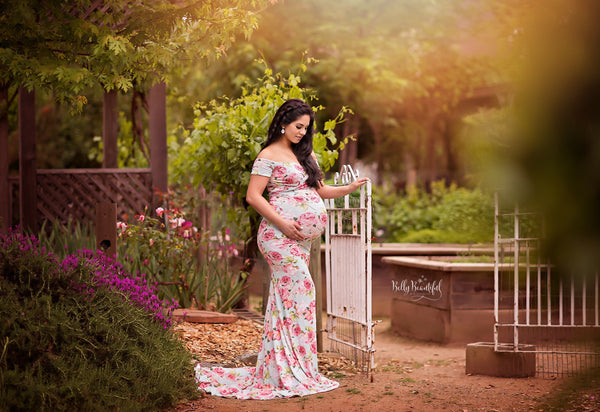 Floral Audrey Gown • Mint Floral Gown • Fitted Maternity Gown • Mint Gown • Cap Sleeve Maternity Gown • Slim Fit Gown • Sweetheart Style Dress • Bridesmaid Dress • Event Gown • Photo Shoot • by Sew Trendy