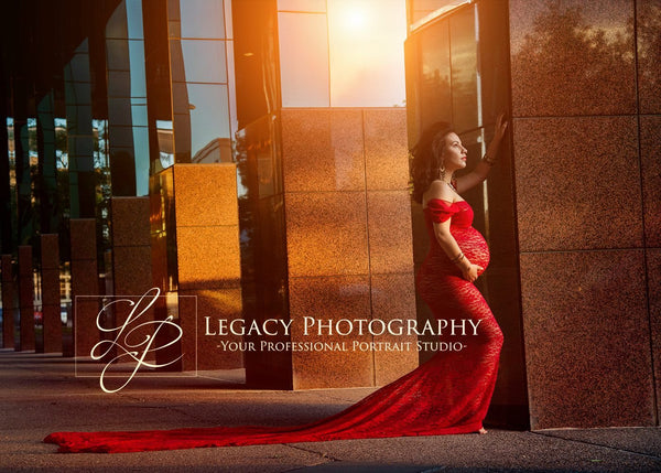 Catherine Gown • Lace Sweetheart Gown • Fitted Pregnancy Gown • Slim Fit Lace Gown • Chiffon Droop Sleeves • Maternity Photo Shoot • by Sew Trendy