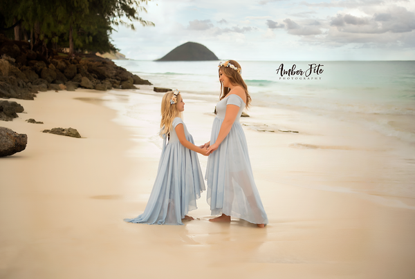 Mommy & Me Gown Set • Maricela and Ainsley Set • Hi-Low Sheer Chiffon Maternity Gown • Off The Shoulder Girls Gown • by Sew Trendy