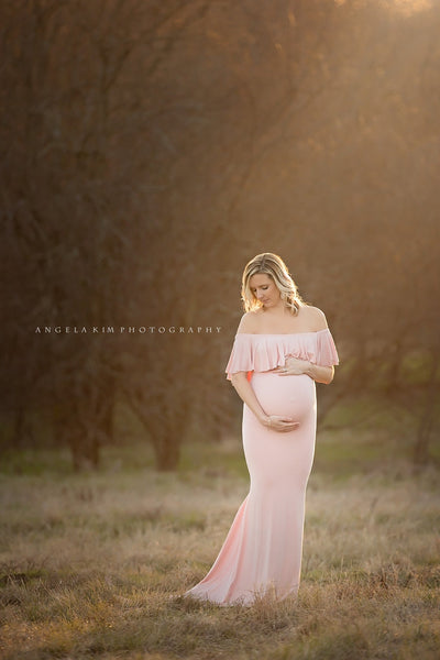 Colbie Gown • Fitted Maternity Gown • Ruffle Top Maternity Gown • Off Shoulder Maternity Gown • Slim Fit Gown • Bridesmaid Dress • Event Gown • Photo Shoot • by Sew Trendy