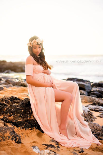 Cameron Gown • Off the Shoulder Gown • Cap Sleeve Pregnancy Dress • Sheer Chiffon Maternity Gown • by Sew Trendy