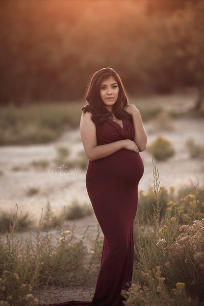 Rue Gown • Cowl Neck Maternity Gown • Fitted Knit Maternity Gown • Low Back Maternity Gown • by Sew Trendy