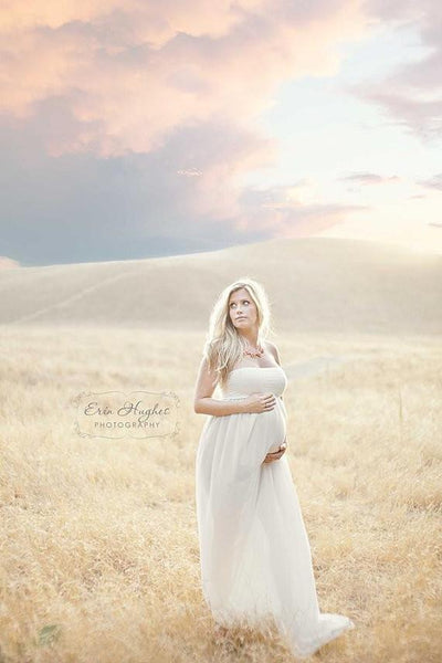 Kaleigh Gown • Sheer Chiffon Maxi Style Maternity Gown • Straight Top Bridesmaid Gown • Strapless Flowy Gown by Sew Trendy