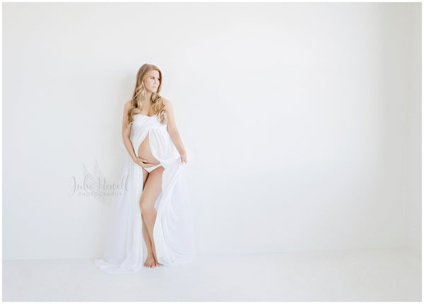 Mckenna Gown • Lace Sweetheart Top Sheer Chiffon Maxi Style Maternity Gown • by Sew Trendy