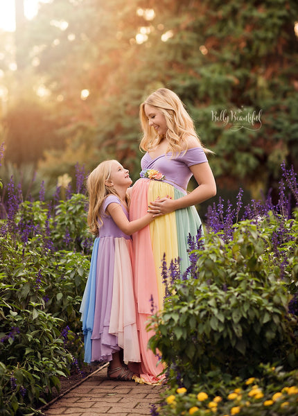 Mommy & Me Gown Set {pastel tones} • Hope & Evangeline set • Rainbow Maternity Gown • Rainbow Baby Line • Multi-layer Chiffon Dress • Maternity Dress • Chiffon Maternity Gown • Rainbow Pregnancy Gown • by Sew Trendy