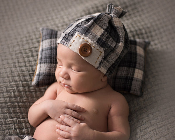 Newborn Blue Grey Plaid • Pillow Pant Hat Set • Newborn 3 Piece Blue Grey Plaid Set | Ready to Ship • by Sew Trendy