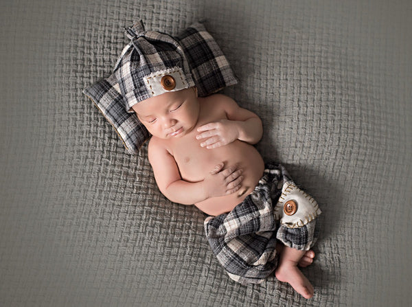 Newborn Blue Grey Plaid • Pillow Pant Hat Set • Newborn 3 Piece Blue Grey Plaid Set | Ready to Ship • by Sew Trendy