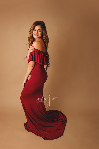 Colbie Gown • Fitted Maternity Gown • Ruffle Top Maternity Gown • Off Shoulder Maternity Gown • Slim Fit Gown • Bridesmaid Dress • Event Gown • Photo Shoot • by Sew Trendy