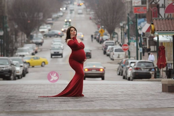 Emerlie Gown • Fitted Maternity Gown • Long Sleeve Maternity Gown • Slim Fit Maternity Gown • Maxi Dress • by Sew Trendy