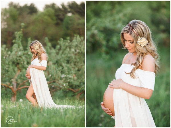 Cameron Gown • Off the Shoulder Gown • Cap Sleeve Pregnancy Dress • Sheer Chiffon Maternity Gown • by Sew Trendy