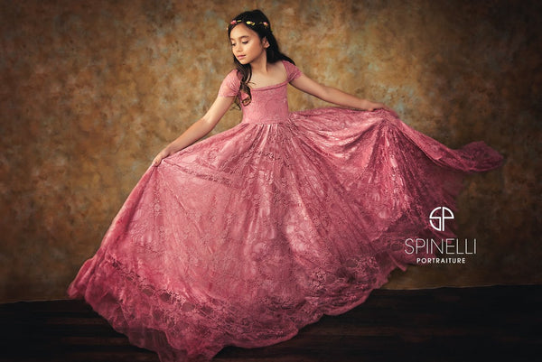 Beatrice Gown • Droop Sleeve Lace Girls Gown • Full Circle Skirt Girls Dress • Accent Ruffle Gown • by Sew Trendy • by Sew Trendy