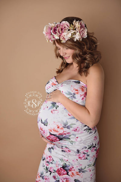 Floral Jessica Gown • Grey Floral Gown • Fitted Maternity Gown • Grey Gown • Cap Sleeve Maternity Gown • Slim Fit Gown • Sweetheart Style Dress • Bridesmaid Dress • Event Gown • Photo Shoot • by Sew Trendy