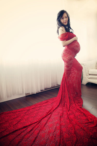 Catherine Gown • Lace Sweetheart Gown • Fitted Pregnancy Gown • Slim Fit Lace Gown • Chiffon Droop Sleeves • Maternity Photo Shoot • by Sew Trendy
