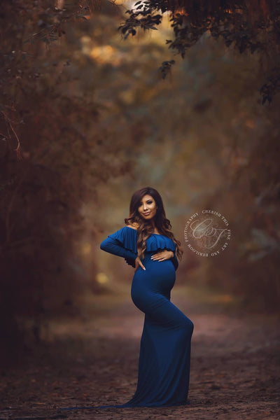 Crisanta Gown • Fitted Maternity Gown • Ruffle Top Maternity Gown • Off Shoulder Maternity Gown • Long sleeve maternity gown • Bridesmaid Dress • fitted maternity gown • Photo Shoot • by Sew Trendy