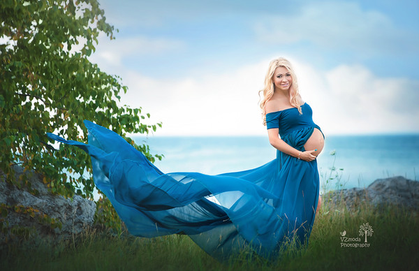 Mallory Gown • Long Flowing Off the Shoulder Short Sleeve Sheer Chiffon Straight Top Maternity Gown • by Sew Trendy