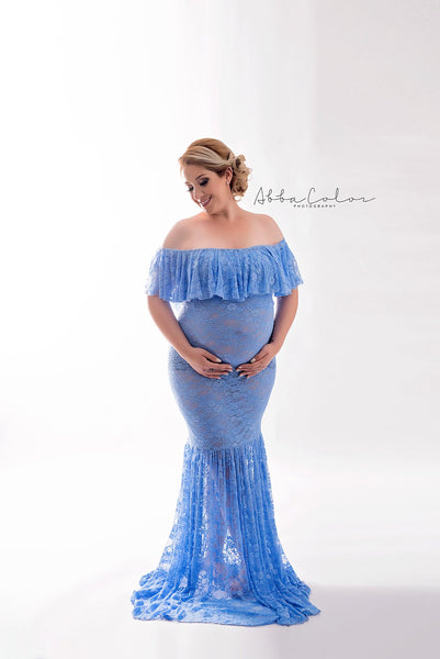 Kalia Gown • Off Shoulder Flounce Maternity Dress • Mermaid Style Lace Maternity Gown • by Sew Trendy