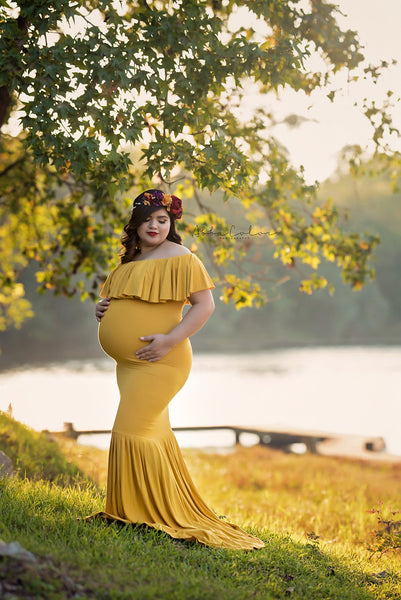 Mariah Gown • Off Shoulder Flounce Maternity Dress • Mermaid Style Maternity Gown • by Sew Trendy