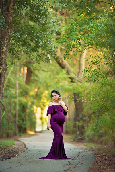 Mariah Gown • Off Shoulder Flounce Maternity Dress • Mermaid Style Maternity Gown • by Sew Trendy