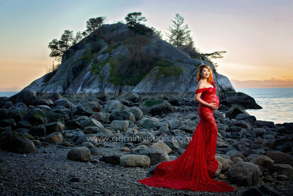 Catherine Gown • Lace Sweetheart Gown • Fitted Pregnancy Gown • Slim Fit Lace Gown • Chiffon Droop Sleeves • Maternity Photo Shoot • by Sew Trendy