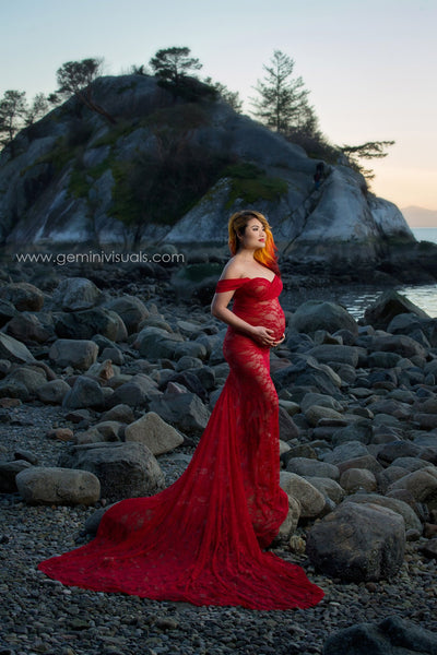 Catherine Gown • Lace Sweetheart Gown • Fitted Pregnancy Gown • Slim Fit Lace Gown • Chiffon Droop Sleeves • Maternity Photo Shoot • by Sew Trendy