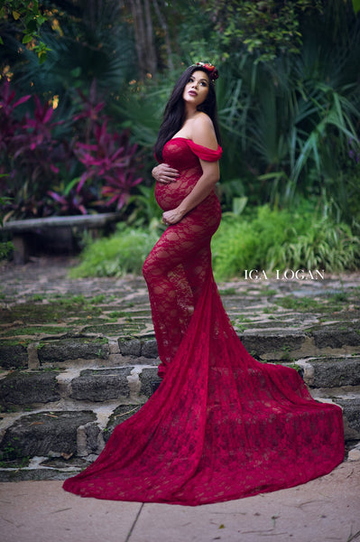 Catherine Gown • Lace Sweetheart Gown • Fitted Pregnancy Gown • Slim Fit Lace Gown • Chiffon Droop Sleeves • Maternity Photo Shoot • by Sew Trendy