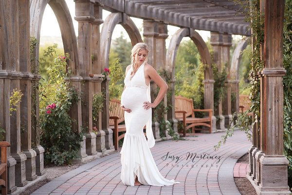 Cecily Gown • Lace Mermaid Style Pregnancy Gown • Halter Gown • Halter Style Maternity Gown • by Sew Trendy