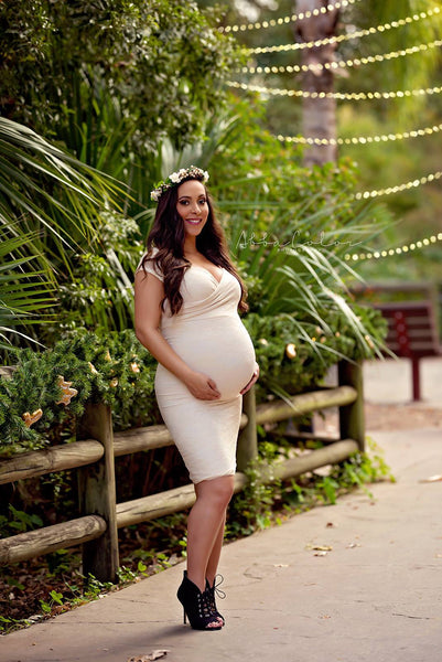 Brooke Cocktail Dress • Maternity Cocktail Dress • Off the Shoulder Maternity Dress • Short Sleeve Maternity Dress • Knee Length Lace Maternity Gown • Slim Fit Maternity Gown • by Sew Trendy