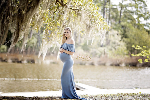 Colbie Gown • Fitted Maternity Gown • Ruffle Top Maternity Gown • Off Shoulder Maternity Gown • Slim Fit Gown • Bridesmaid Dress • Event Gown • Photo Shoot • by Sew Trendy