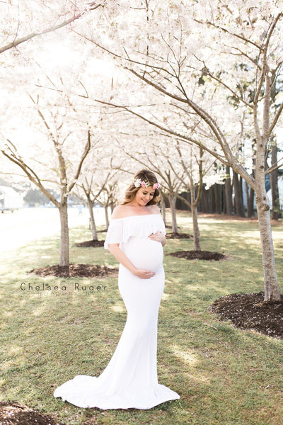 Colbie Gown • Fitted Maternity Gown • Ruffle Top Maternity Gown • Off Shoulder Maternity Gown • Slim Fit Gown • Bridesmaid Dress • Event Gown • Photo Shoot • by Sew Trendy