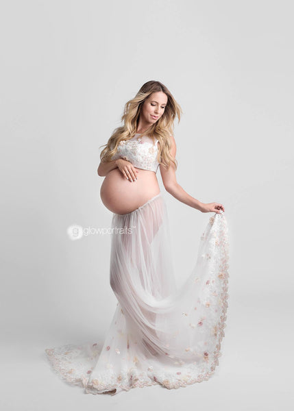Dahlia Gown • Couture Bridal Mesh Gown • Hand Embroidered Maternity Gown • Maternity Dress • Pregnancy Gown • Bridesmaid Dress • Senior Photos • Photo Shoot • Boho Dress | by Sew Trendy