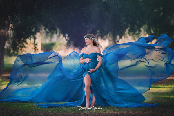 Elia Gown • Chiffon Butterfly Gown • Long Flowing Tossing Gown • Sheer Maternity Gown With Lace Overlay • Sweetheart Top Dress • Droop Sleeves Maternity Gown • by Sew Trendy