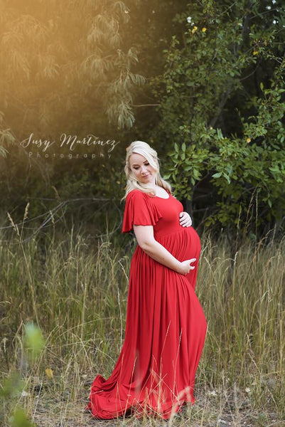 Mommy & Me Gown Set • Faline & Frankie Set • Flutter Sleeve Knit Maternity Gown • Girls Flutter Sleeve Ruffled Gown • by Sew Trendy