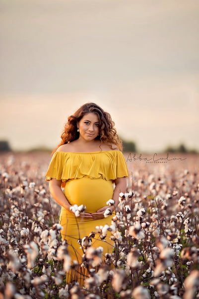 Mariah Gown • Off Shoulder Flounce Maternity Dress • Mermaid Style Maternity Gown • by Sew Trendy